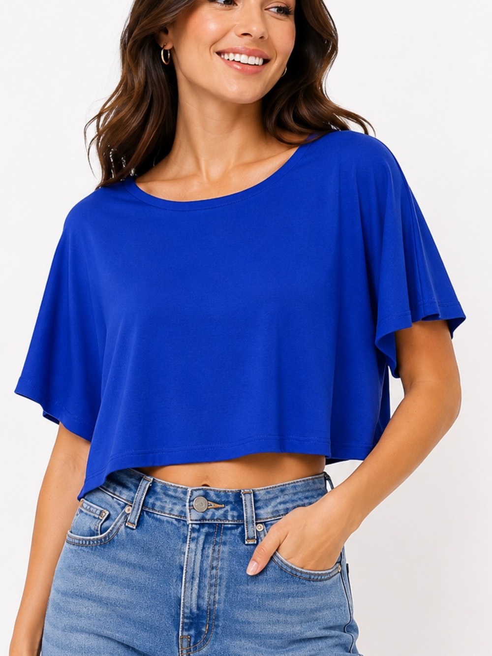 Blue Boxy Cropped Knit Top Bateau Neck Short Sleeve Size L NWT